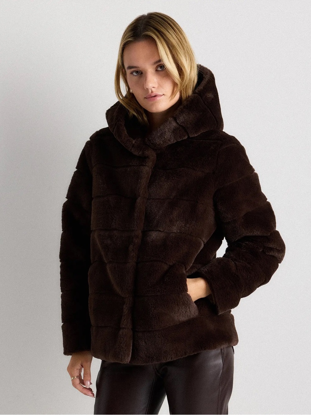 Like New Quince Hooded Faux Fur Jacket in Coffee Bean Brown - L